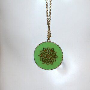 Vintage Gold Filigree with Black Reverses to Green Pendant Renaissance Zen Chic